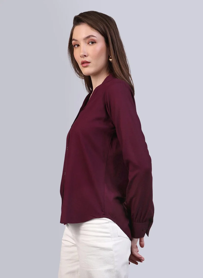 Urbano Fashion  Urbano Fashion Women's Maroon Modal Viscose Full Sleeve Regular Fit Casual Solid Shirt with Mandarin Collar for Women | Best Price UAE